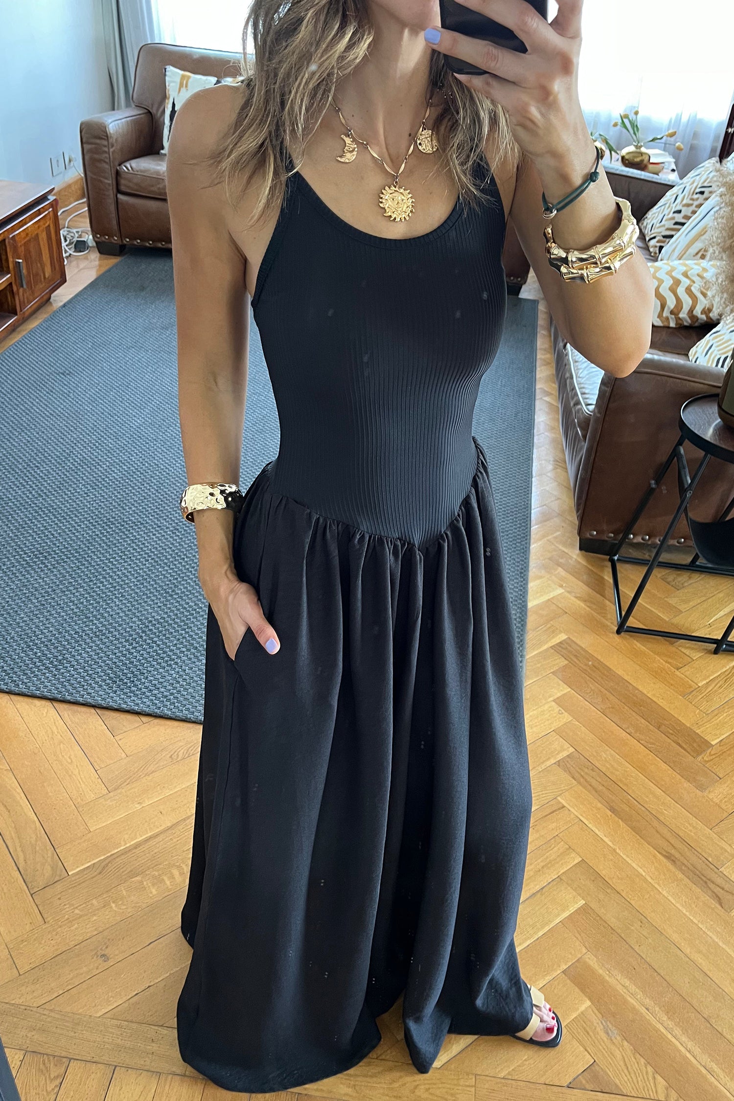 Black Spaghetti Strap Drop Waist Ribbed Patchwork Maxi Dress