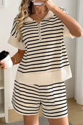 Black Stripe Ribbed Colour Block Half-Zip Polo Top Shorts Co-ord Set S-XL