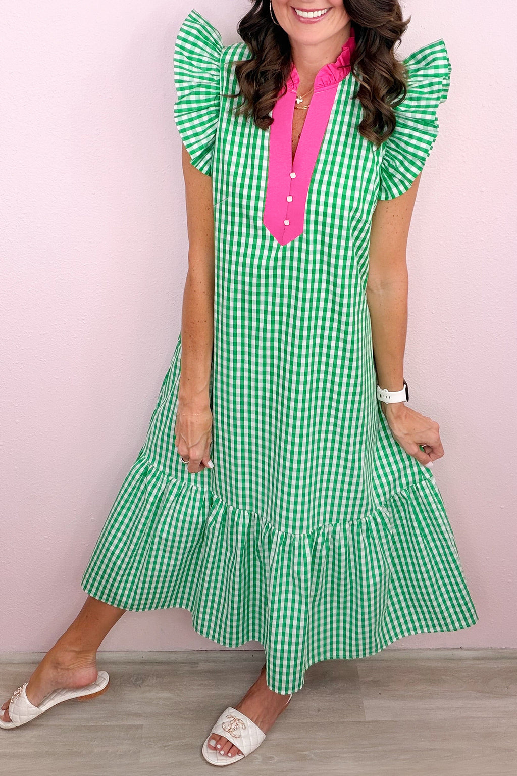 Bright Green Colour Block Plaid Summer Midi Dress S-XL