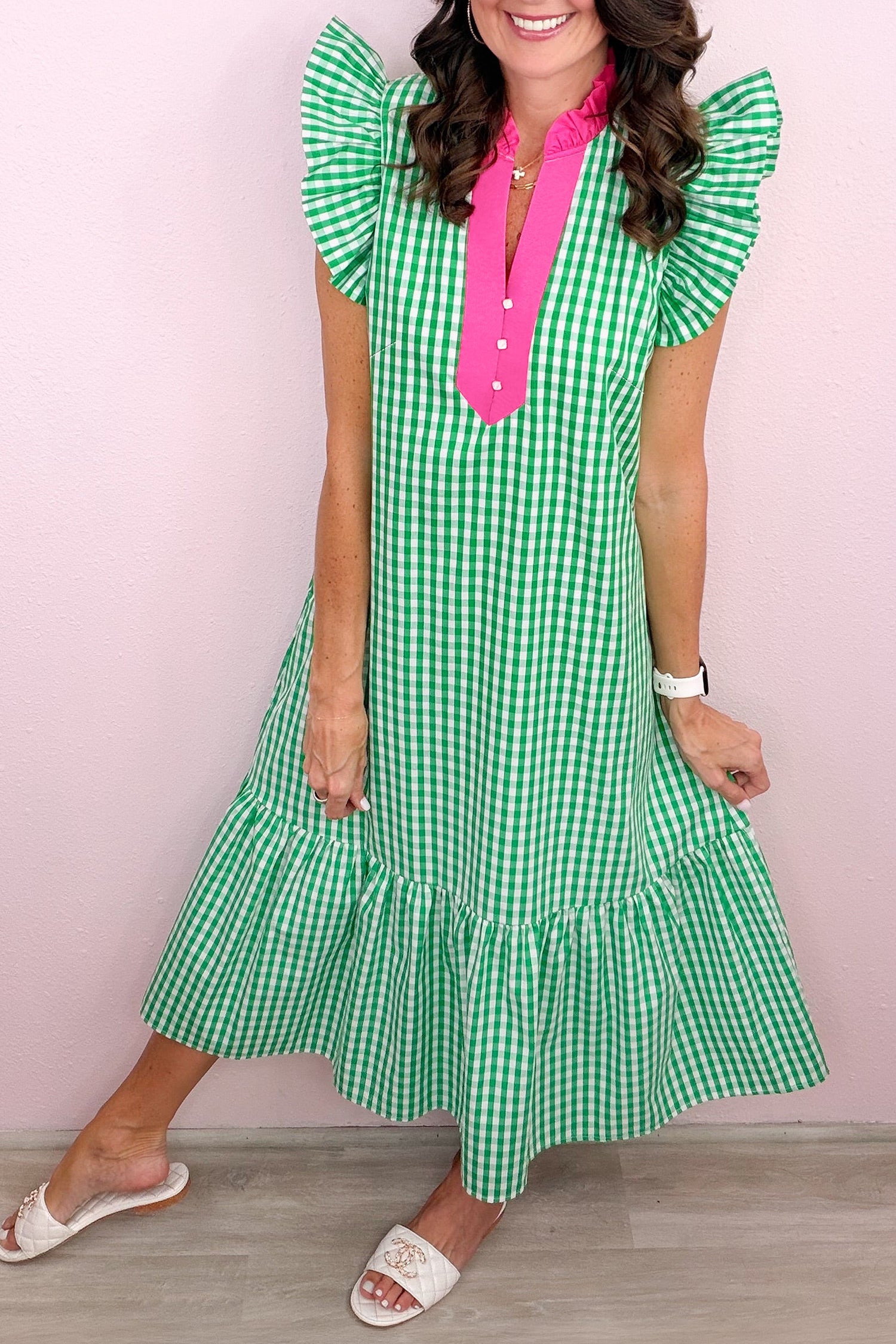 Bright Green Colour Block Plaid Summer Midi Dress S-XL