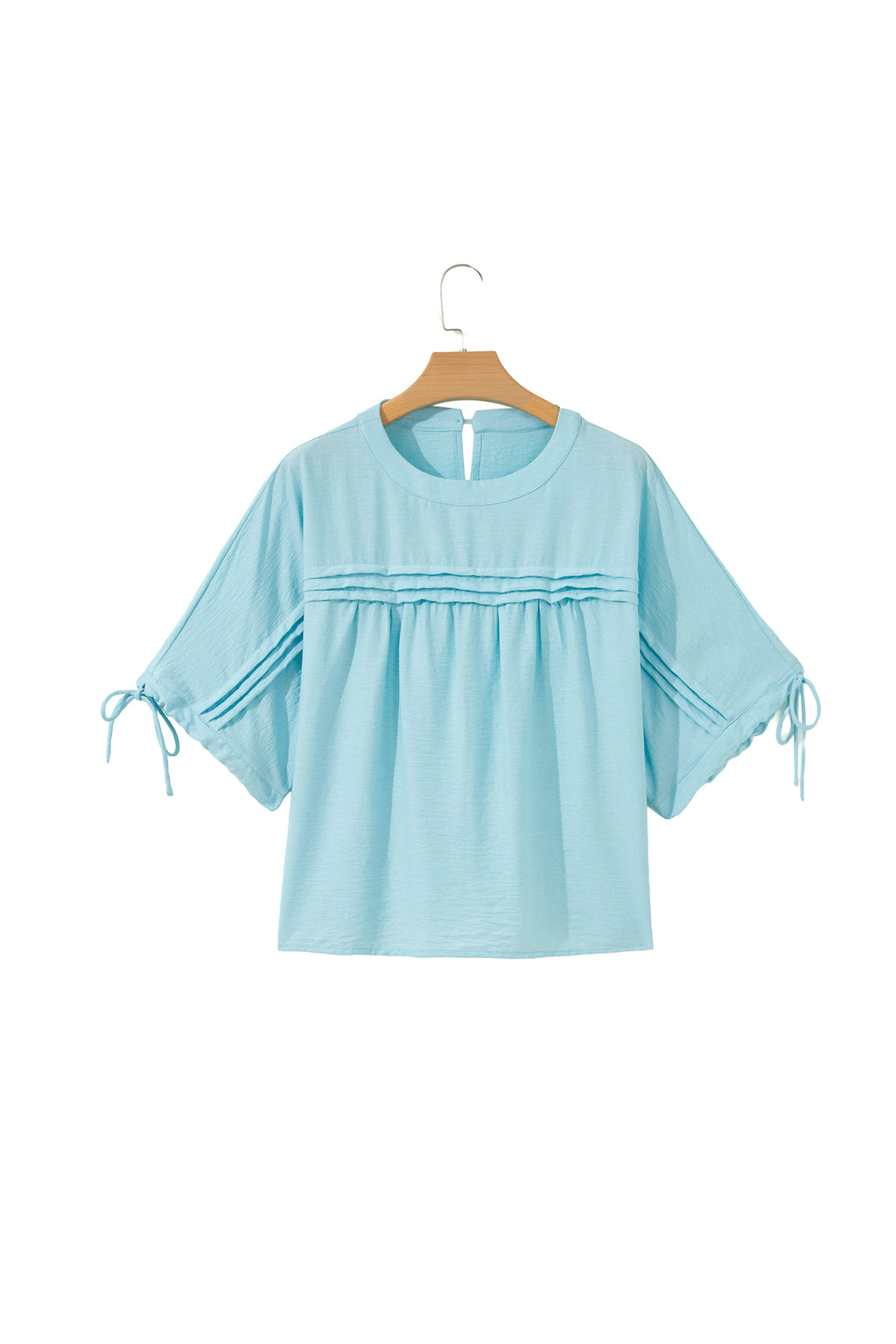 Meadow Mist Green Tie Half Sleeve Pleated Detail Babydoll Blouse