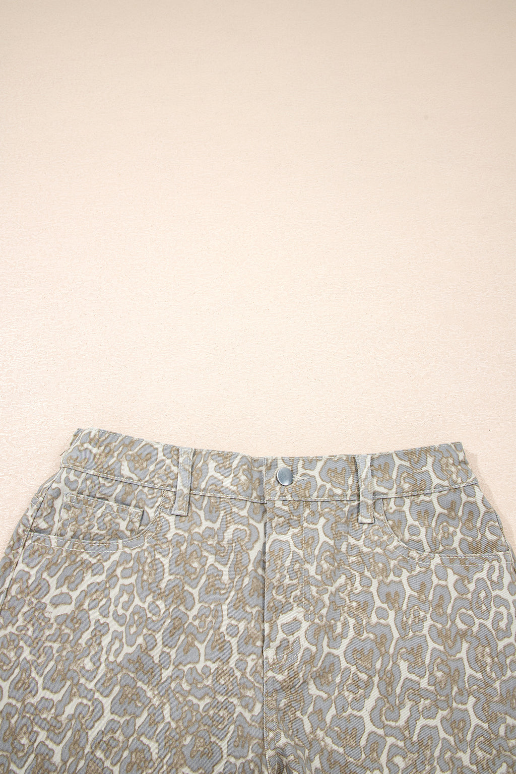 Khaki Raw Edge Leopard Print Denim Shorts | UK 8–20