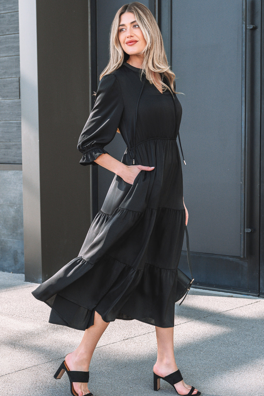 Black Tiered Maxi Dress Flounced Bracelet Sleeve V Neck Women S-XL