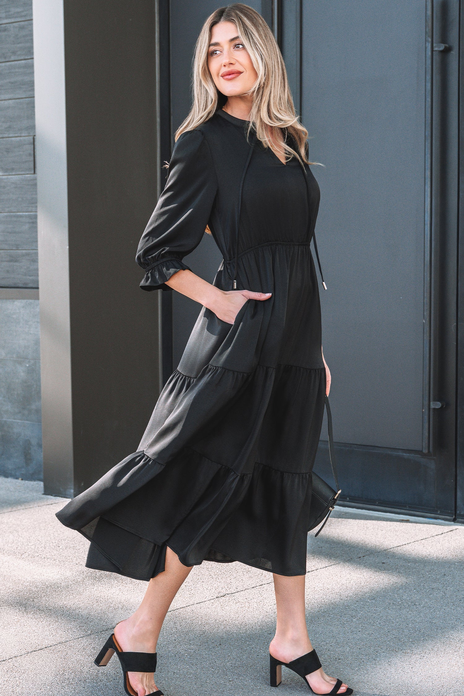 Black Tiered Maxi Dress Flounced Bracelet Sleeve V Neck Women S-XL