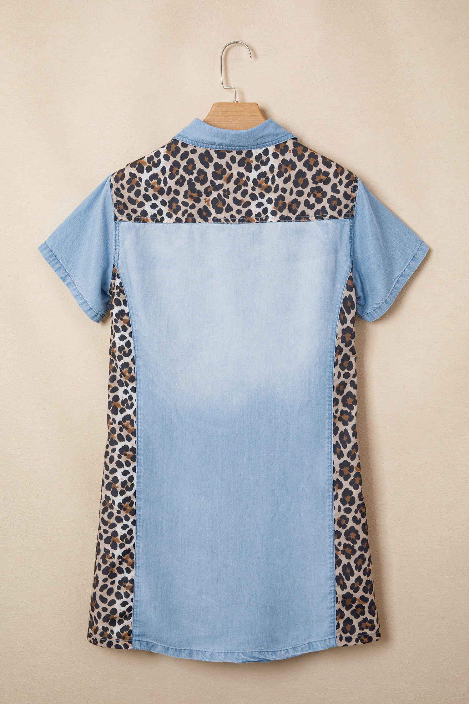 Blue Denim Colour Block Leopard Patchwork Shirt Collar Mini Dress S-XL