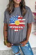 Shop Gray Flag Pattern Sunflower Graphic Crew Neck Tee S-3XL at LivelyLooks
