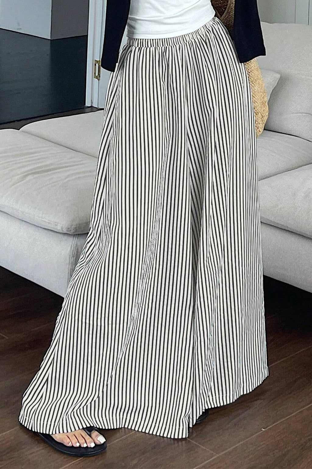 Shop Black Stripe Elastic Waist Ultra Wide Leg Trousers | UK Sizes 8-18 at LivelyLooks