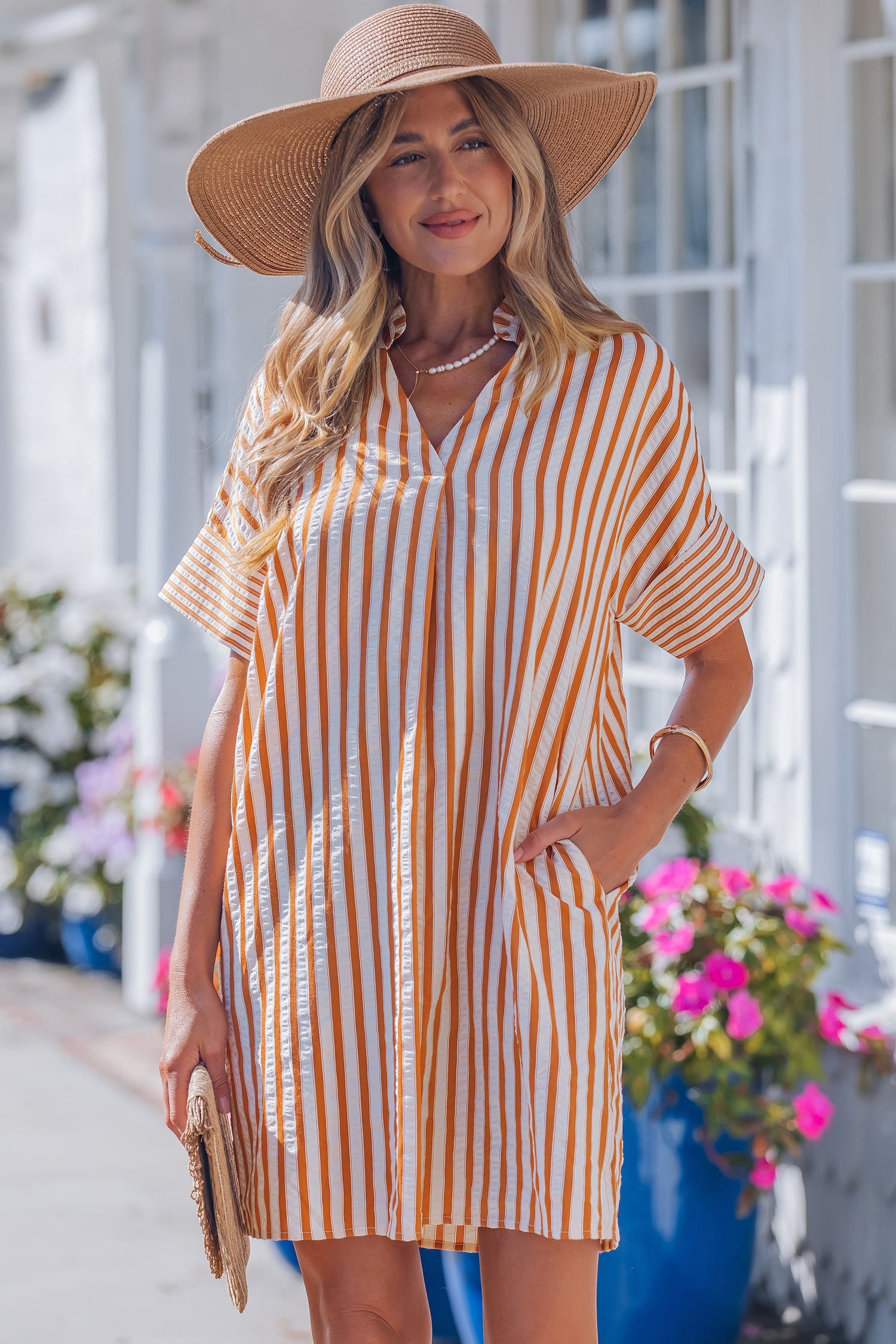 Stripe Pinched V-Neck Shift Mini Dress | Brown Stripe