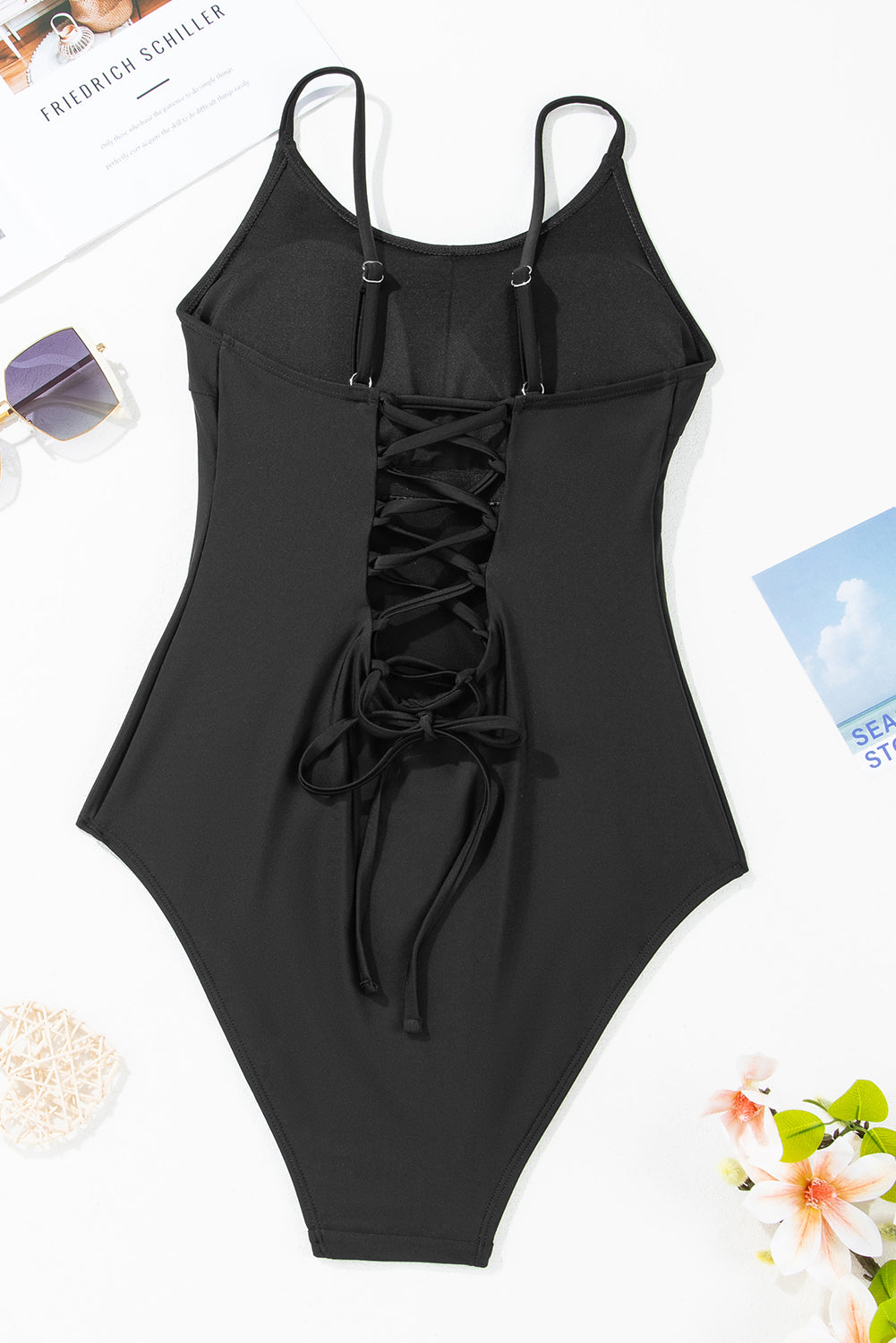 Black Strappy Lace-Up Open Back One Piece Swimsuit | UK 8-20