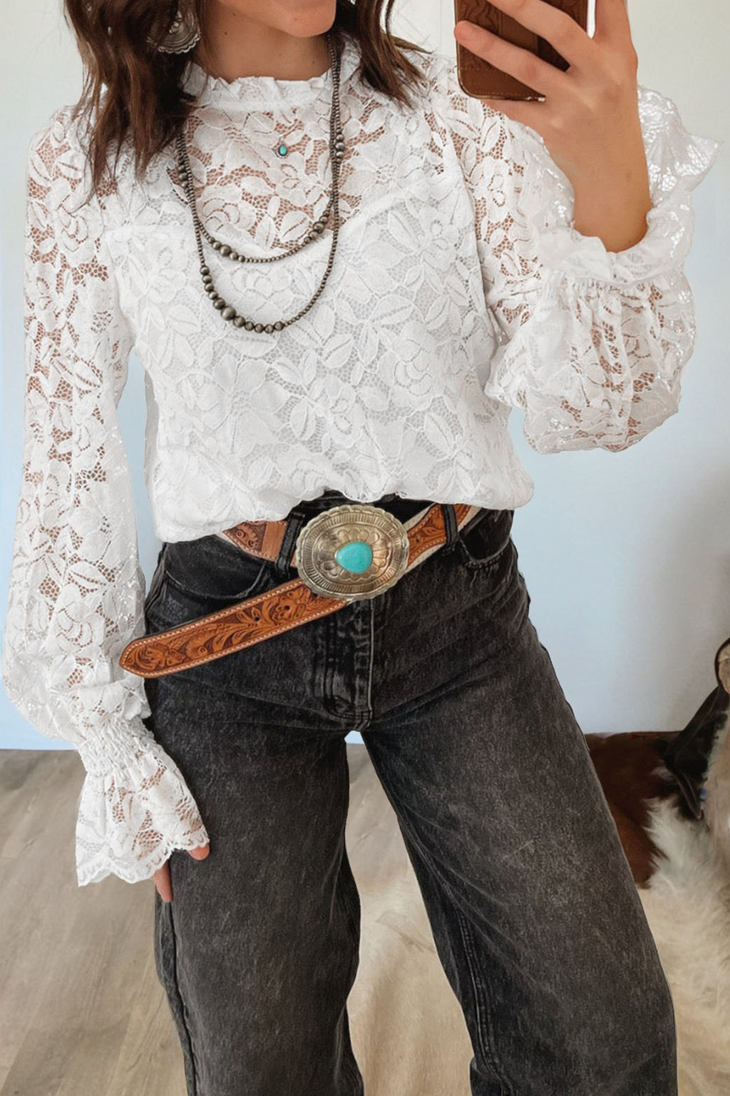 White Sheer Lace Blouse Ruffled Round Neck Long Flounce Sleeve Women S-XL