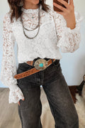 White Sheer Lace Blouse Ruffled Round Neck Long Flounce Sleeve Women S-XL