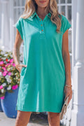 Sea Green Polo Collar T-Shirt Dress Relaxed Fit Pockets
