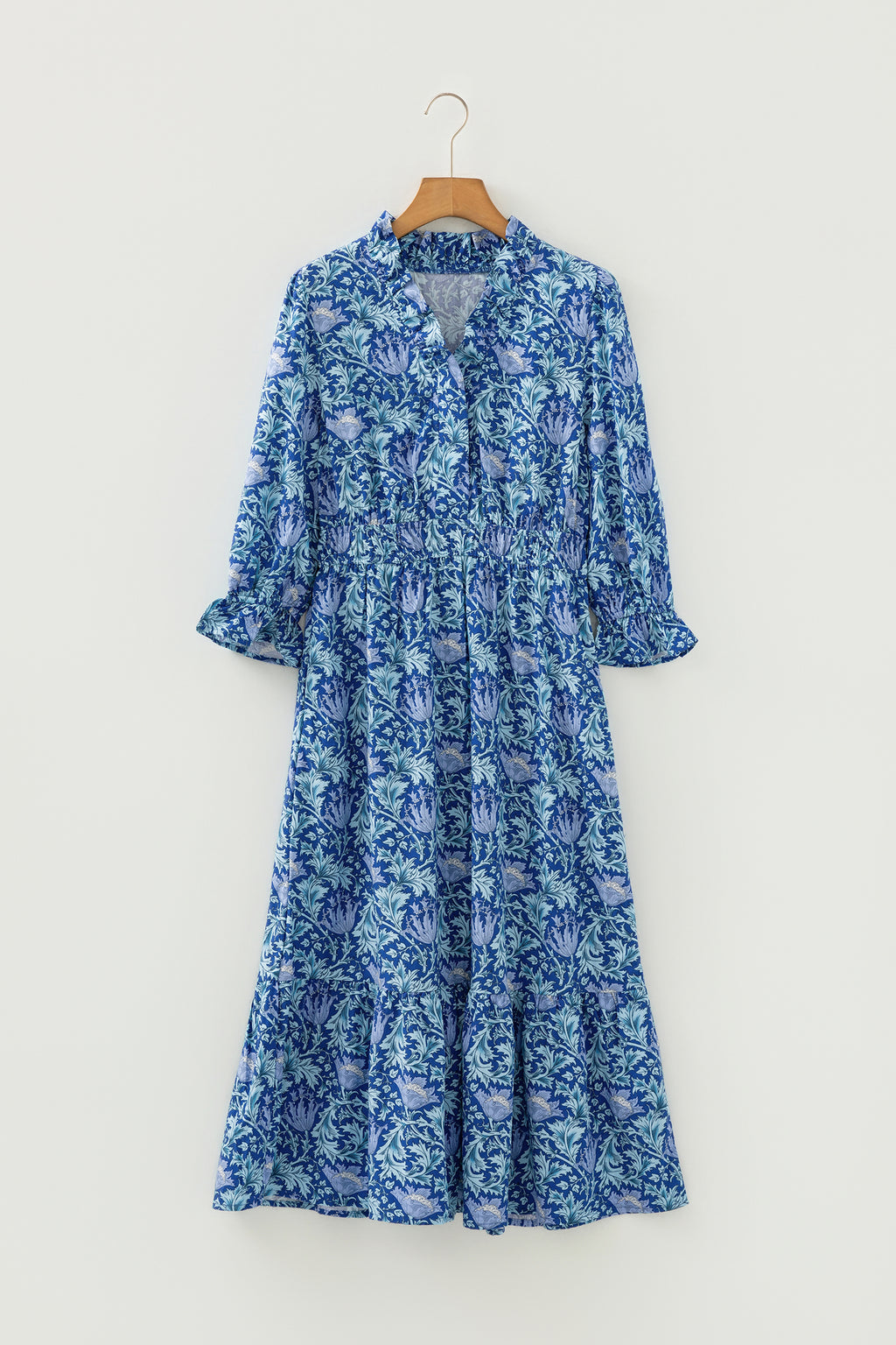 Floral Frilled V Neck Long Dress Bracelet Sleeve Brown Sky Blue Women S-XL