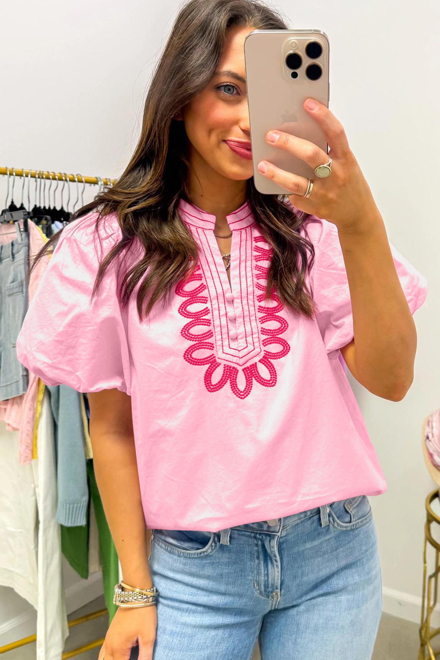 Pink Boho Embroidered Puff Sleeve Cotton Blouse | Sizes 8-22