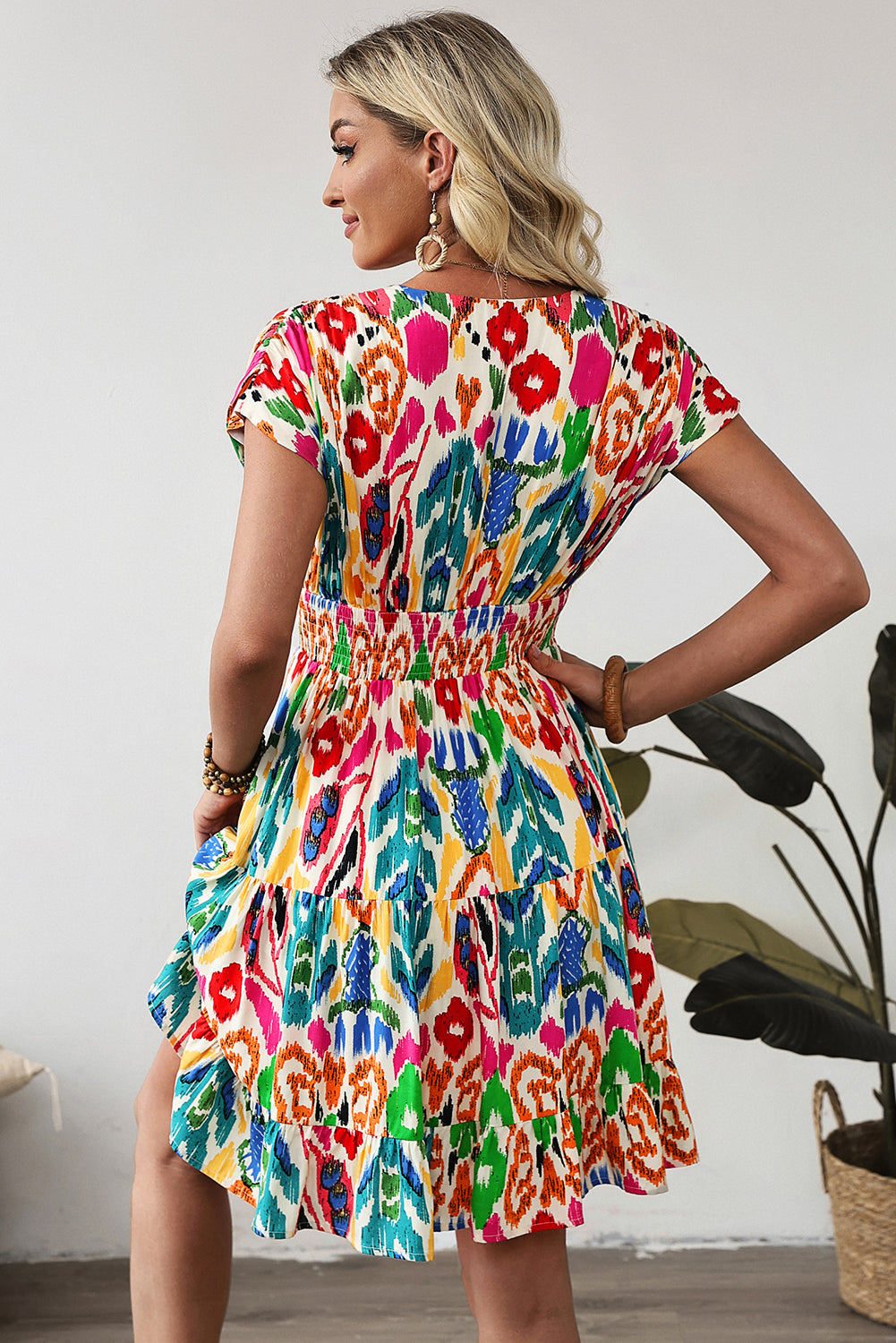 LivelyLooks Abstract Print V-Neck Dolman Sleeve Ruffle Tiered Mini Dress S-XL women's fashion