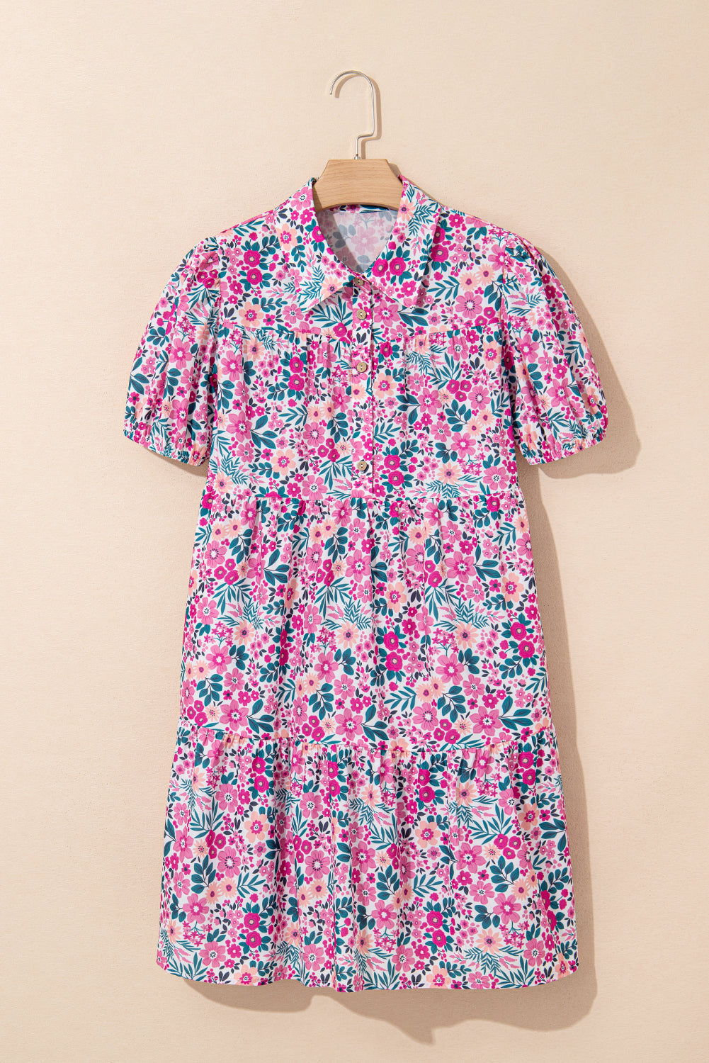 Shop Floral Collared Half Placket Puff Sleeve Loose Mini Dress | S-XL at LivelyLooks