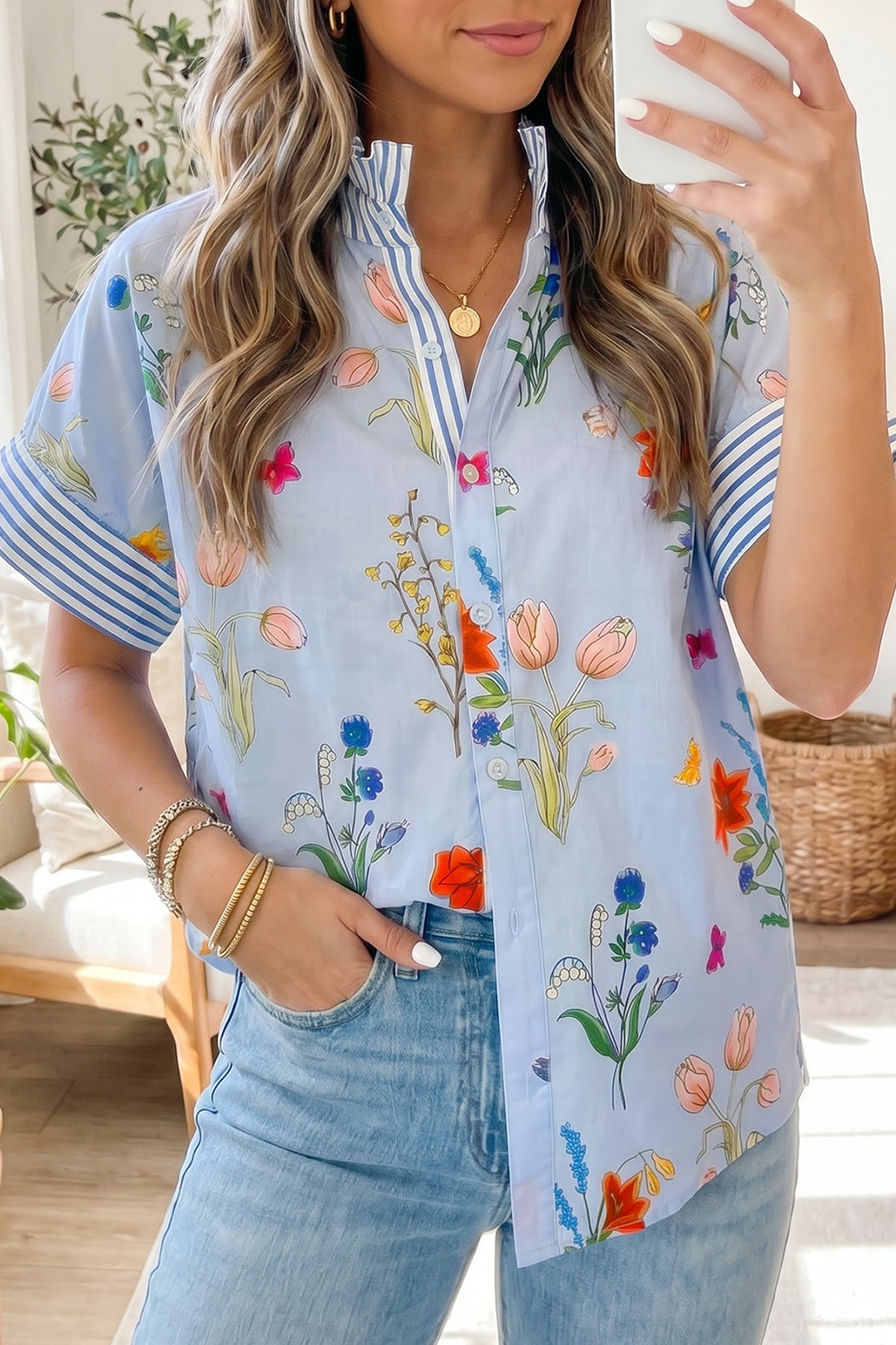 Floral Striped Ruffled Collar Shirt Short Sleeve Beige Sky Blue UK 8-22