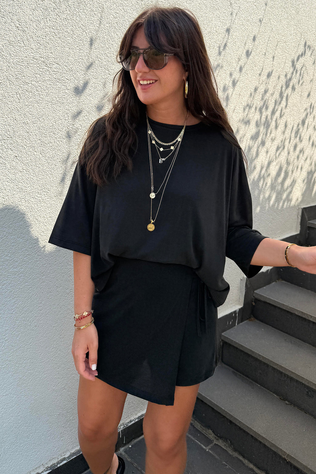 Oversized Tee & Tie Wrap Mini Skort 2pcs Set | Black & Laurel Green