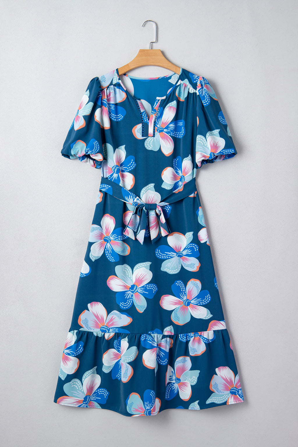 Blue Floral Puff Sleeve Ruffle Hem Belted Long Dress S-XL