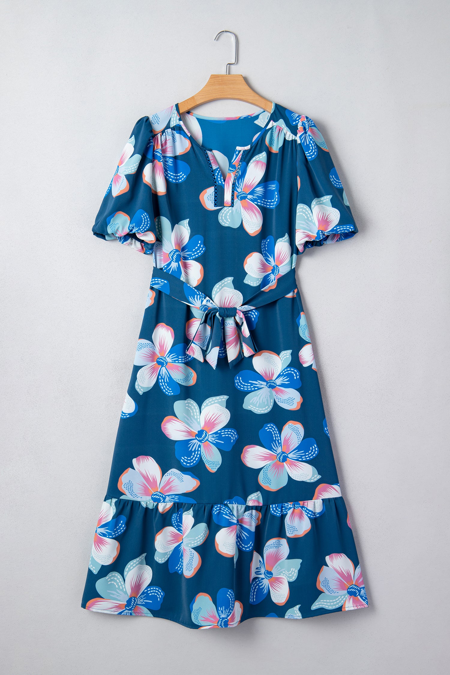 Blue Floral Puff Sleeve Ruffle Hem Belted Long Dress S-XL