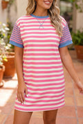 Women's Pink Stripe Patchwork Short Sleeve T-Shirt Shift Dress S-XL