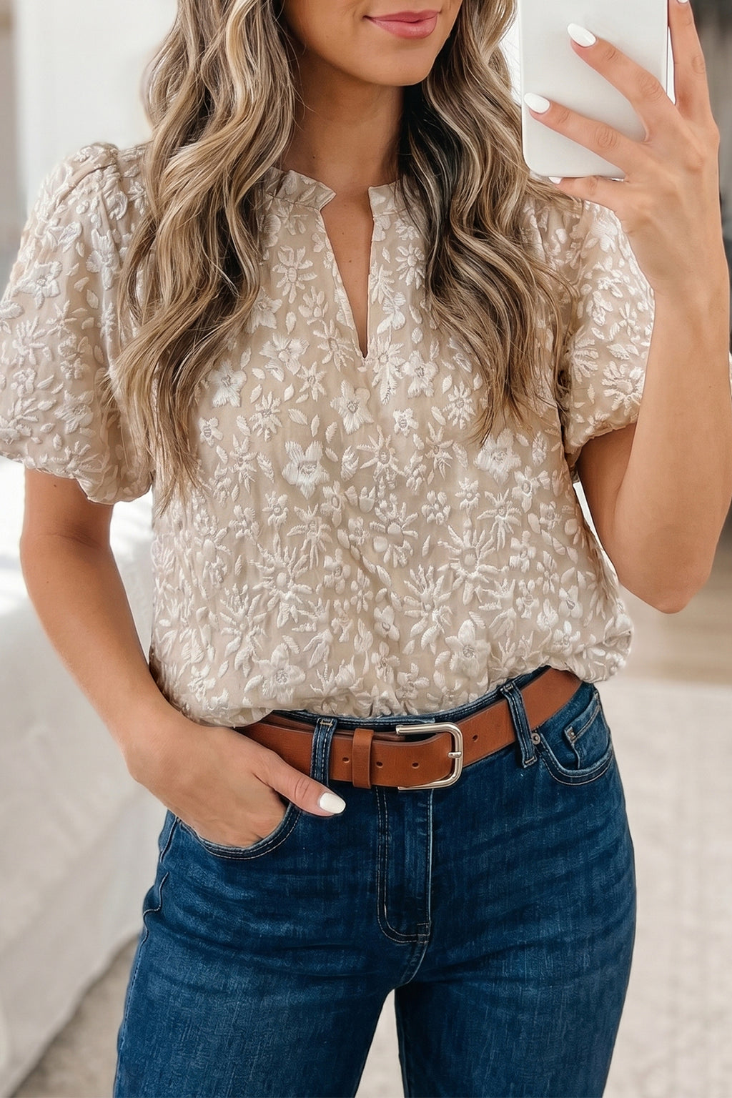 Floral Textured Jacquard Puff Sleeve Blouse Iceland Blue Beige Apricot Pink S-XL