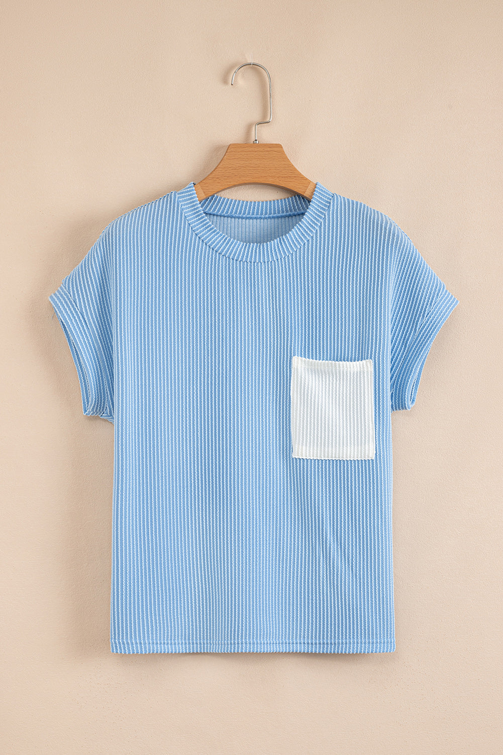 Corded Rib Knit Colour Block Patch Pocket Crew Neck Tee | Pink Blue Grey