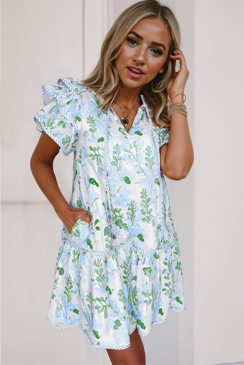 Floral Contrast Edge Layered Sleeve Mini Dress | Sky Blue & Pink