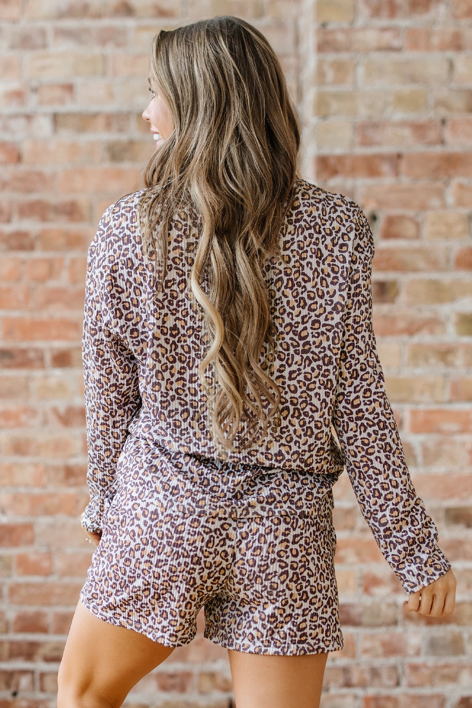 Khaki Leopard Ribbed Long Sleeve Top & Drawstring Shorts Set | UK 8–22
