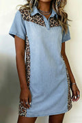 Blue Denim Colour Block Leopard Patchwork Shirt Collar Mini Dress S-XL