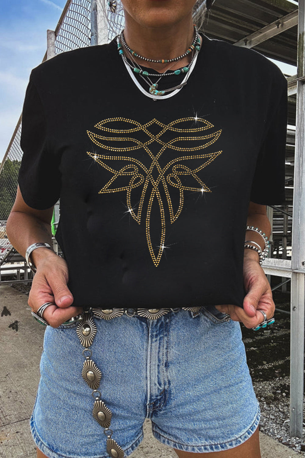 Shop Black Rhinestone Western Pattern Graphic T-Shirt S-3XL at LivelyLooks