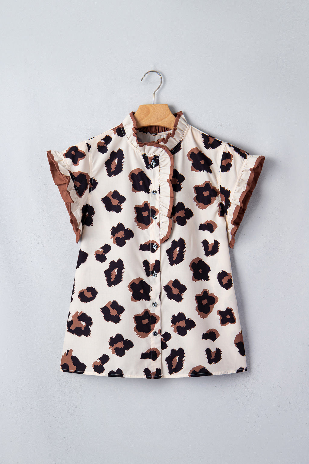 LivelyLooks Khaki Leopard Printed Ruffle Sleeve Summer Blouse Animal Pattern Holiday Top women's fashion