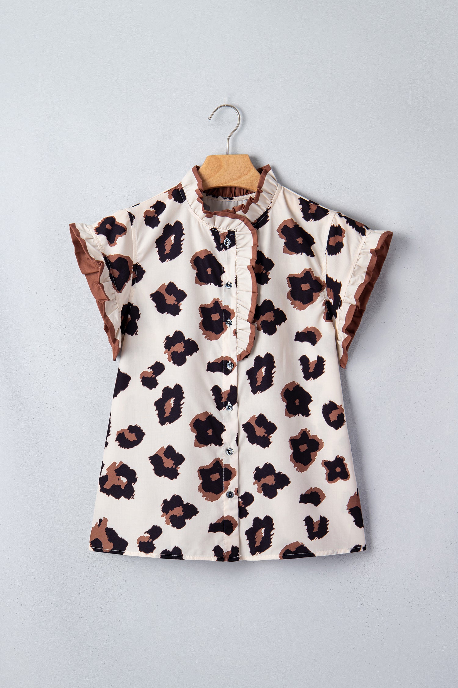 LivelyLooks Khaki Leopard Printed Ruffle Sleeve Summer Blouse Animal Pattern Holiday Top women's fashion
