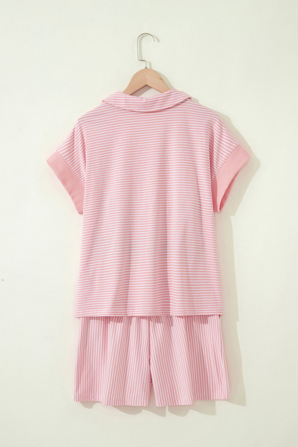 Stripe Dolman Sleeve Polo Shirt and Drawstring Shorts Set Two Piece Co-ord