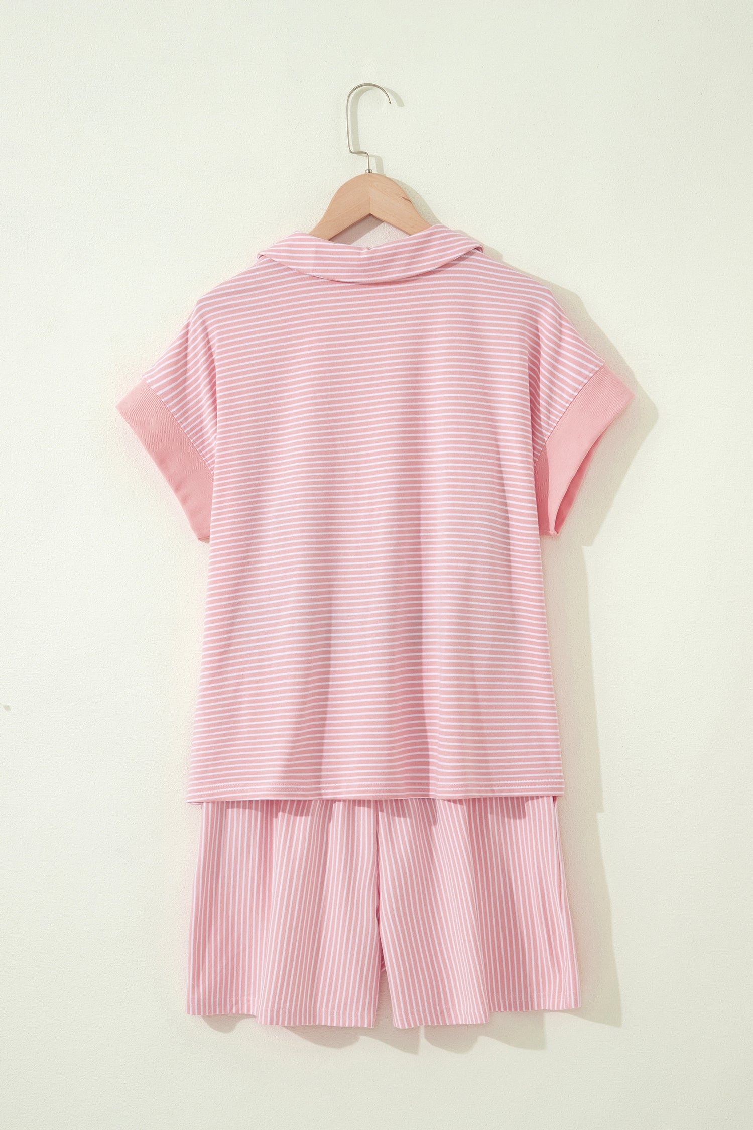 Stripe Dolman Sleeve Polo Shirt and Drawstring Shorts Set Two Piece Co-ord