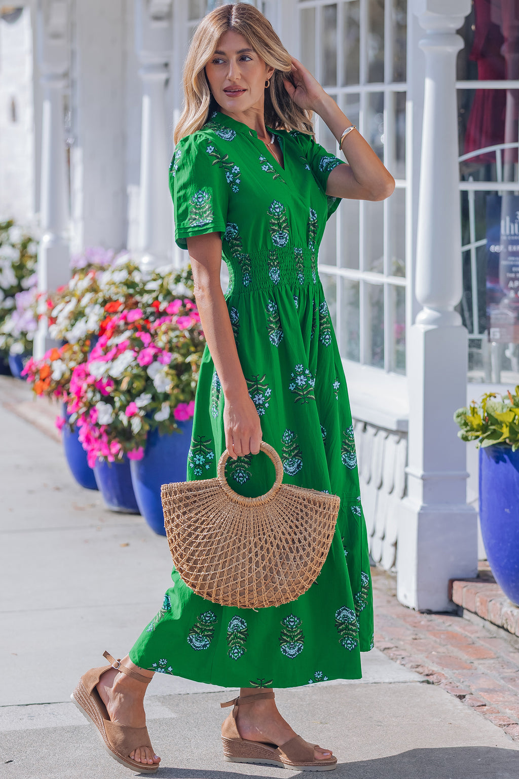 Floral Print Split Neck Shirred High Waist Ruffle Hem Maxi Dress | White & Green | UK 8–22