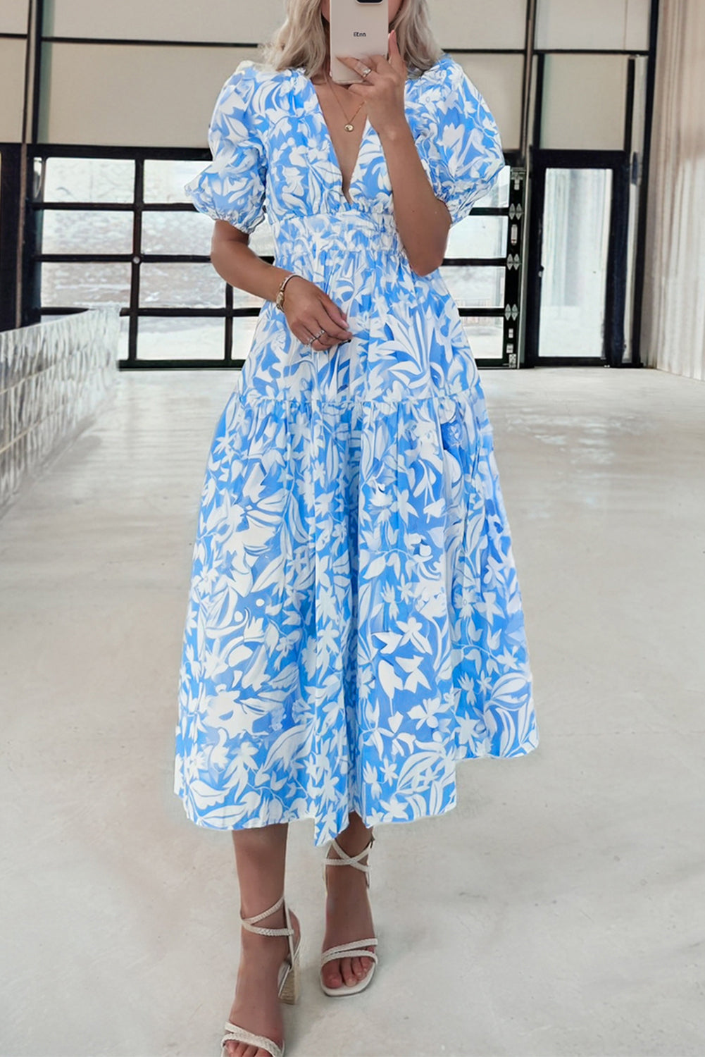 LivelyLooks Blue Floral V-Neck Puff Sleeve Fit & Flare Maxi Dress women's fashion