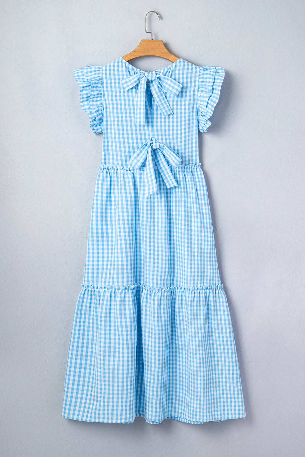 Women's Sky Blue Gingham Knot Back Ruffled Short Sleeve Maxi Dress at LivelyLooks