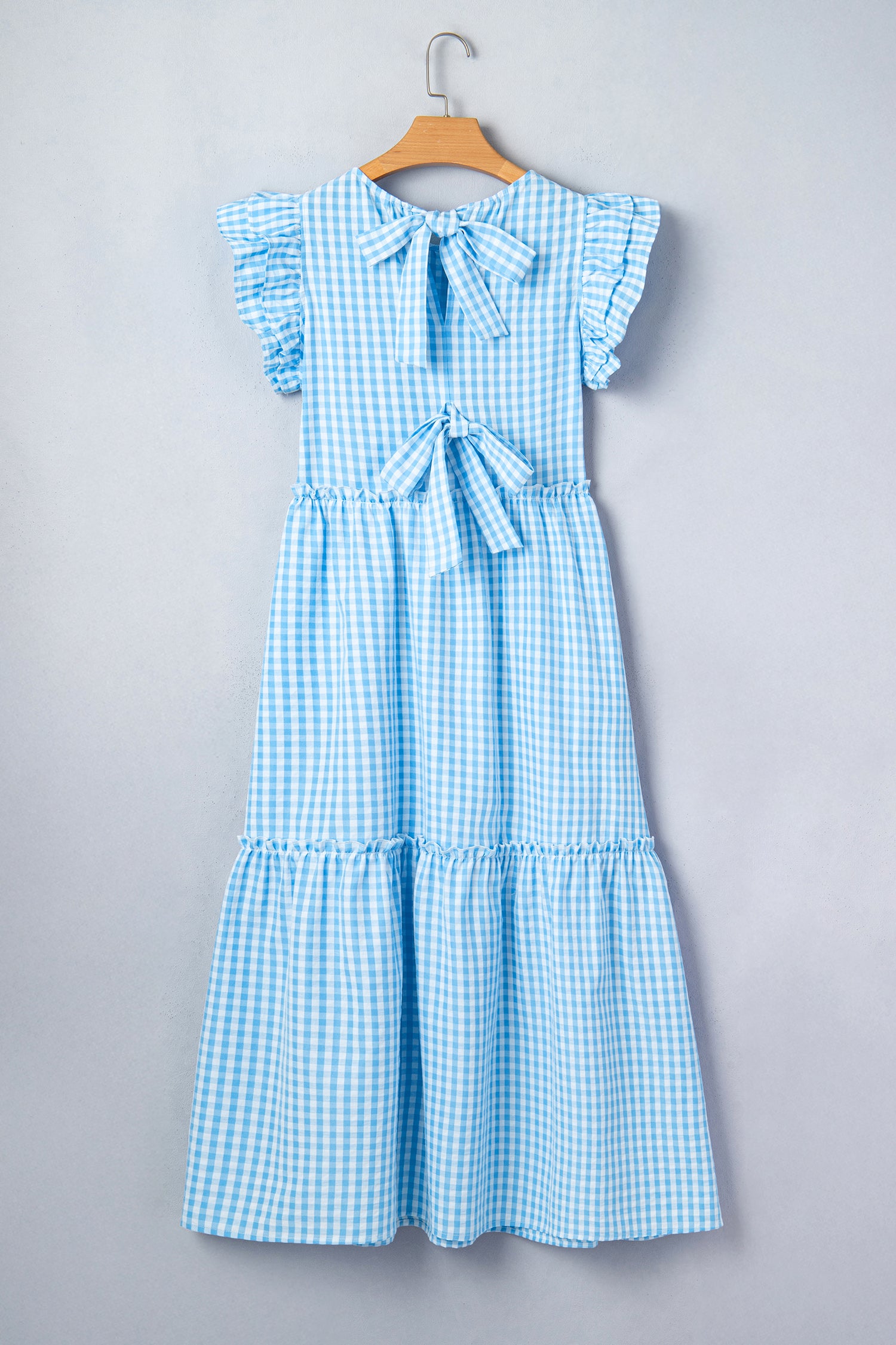 Women's Sky Blue Gingham Knot Back Ruffled Short Sleeve Maxi Dress at LivelyLooks