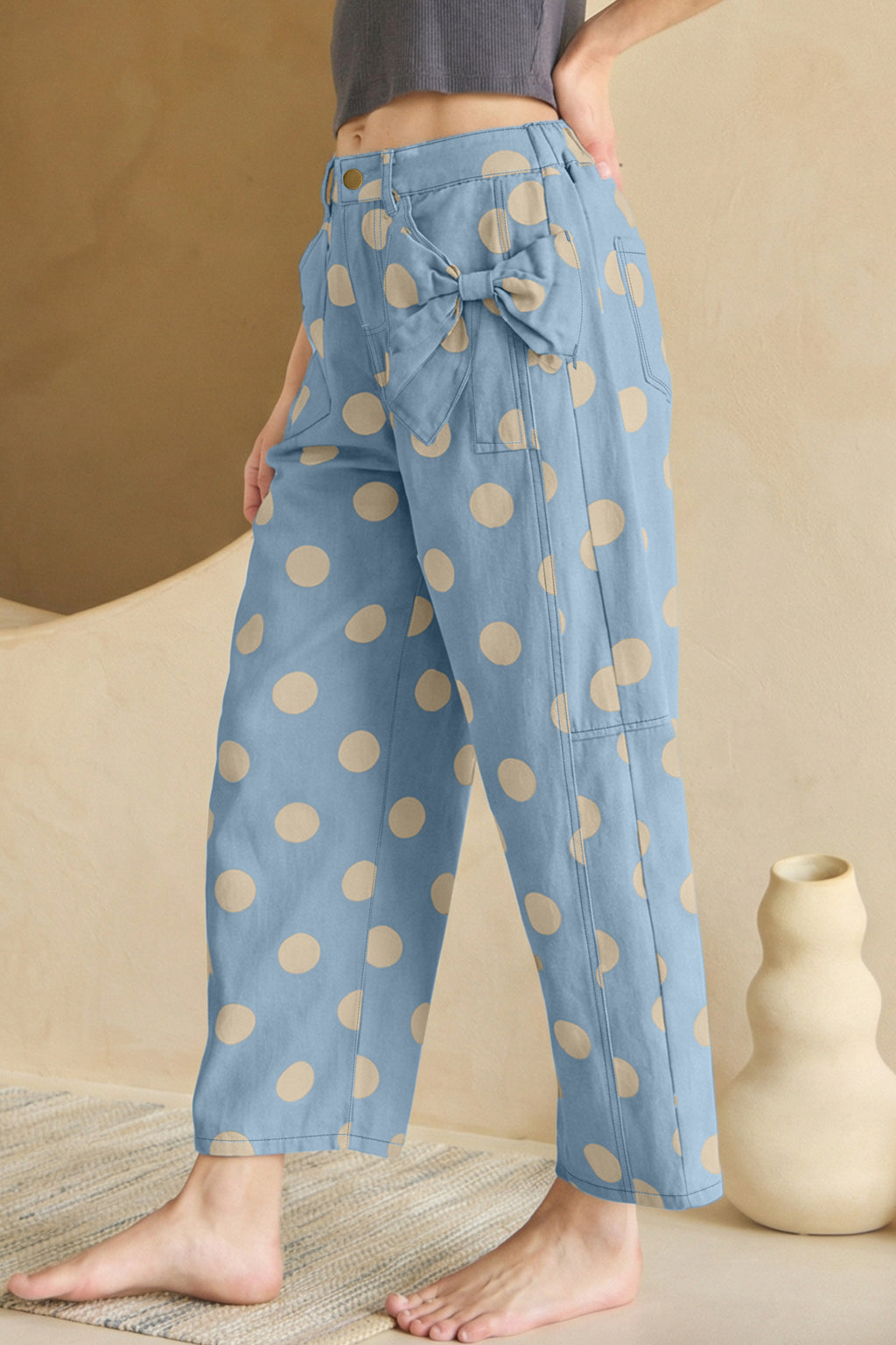 Polka Dot Print Bow Detail Pocketed Loose Jeans | White & Sky Blue