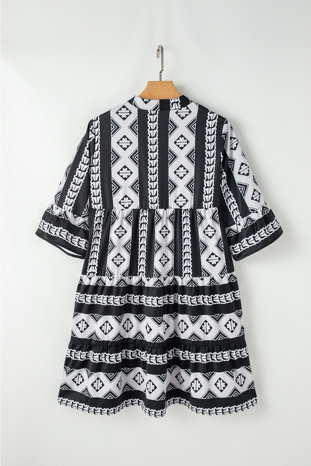 Black Geometric Print V-Neck Ruffle Sleeve Mini Dress | High Waist