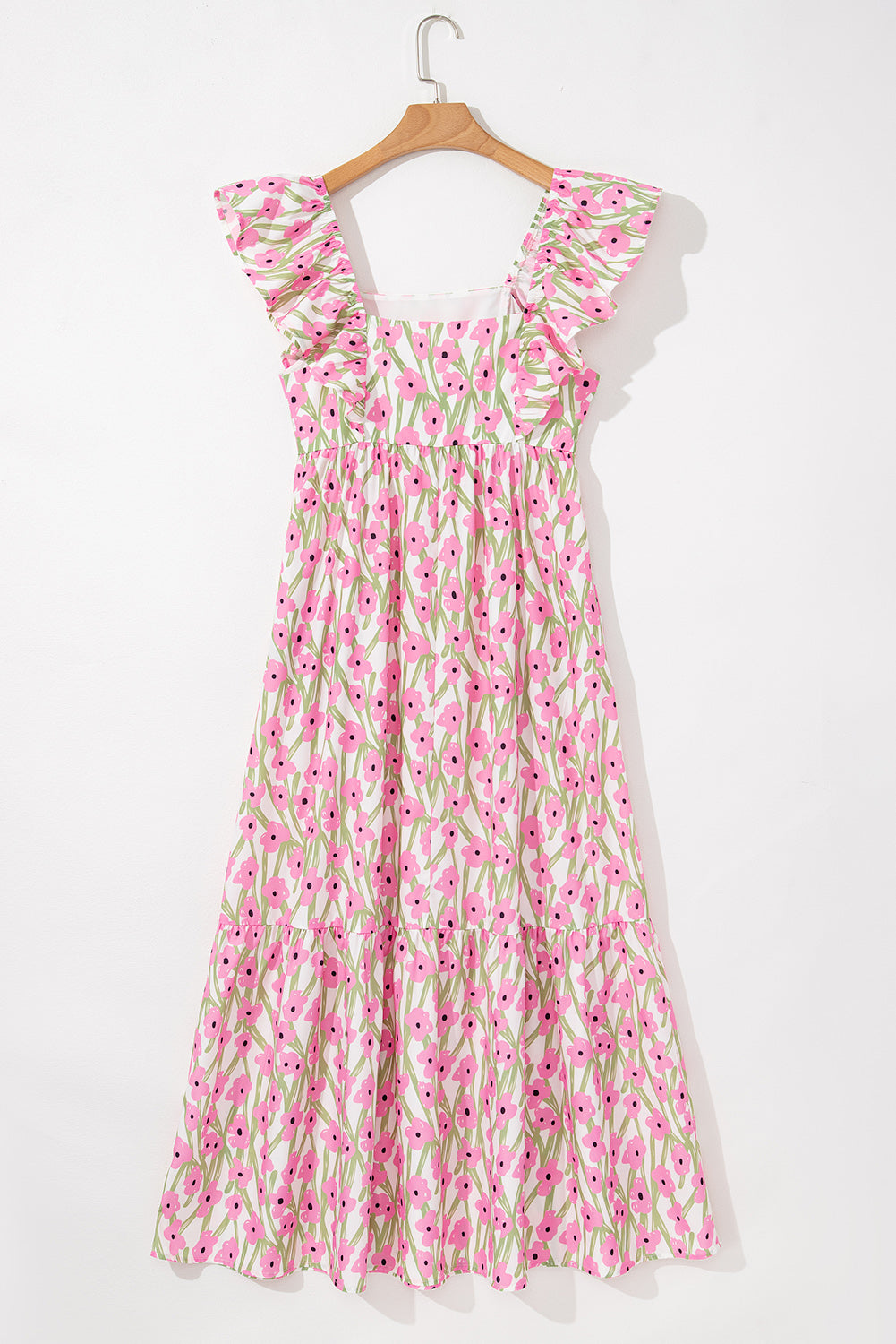 Women's Pink Floral Print Square Neck Ruffled Strap Maxi Dress Summer Boho Casual Sundress at LivelyLooks