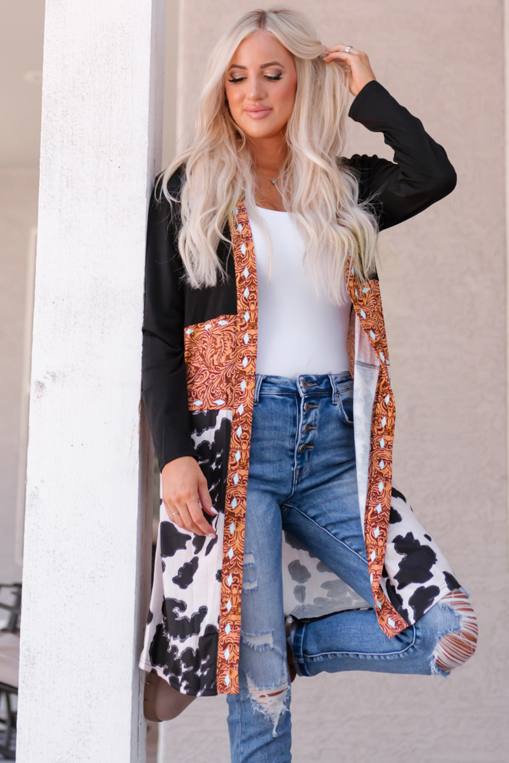 Shop Black Western Pattern Cow Patchwork Open Front Cardigan Knitwear Aztec Jumper Coat at LivelyLooks