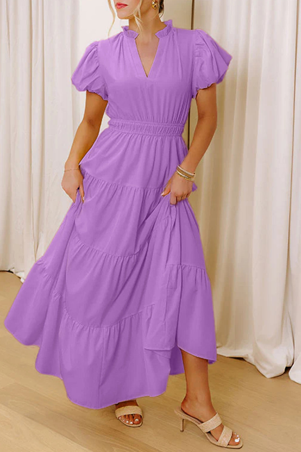 Women's Solid Colour V Neck Puff Sleeve High Waist Tiered Maxi Dress | S-XL at LivelyLooks