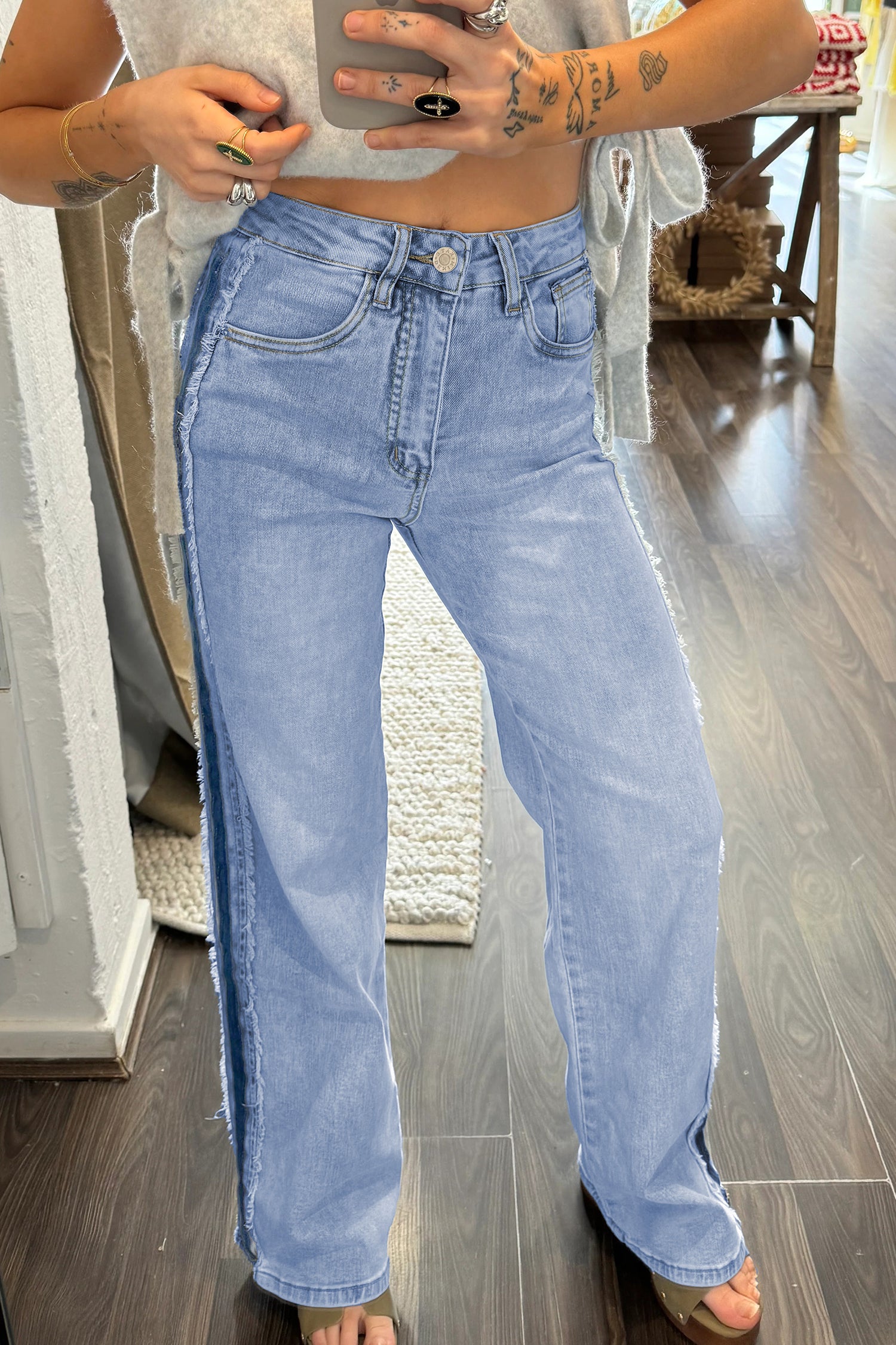 Women's Women's Patchwork Shift Jeans Contrast Stripe Frayed Side Panel Sizes 4-16 at LivelyLooks