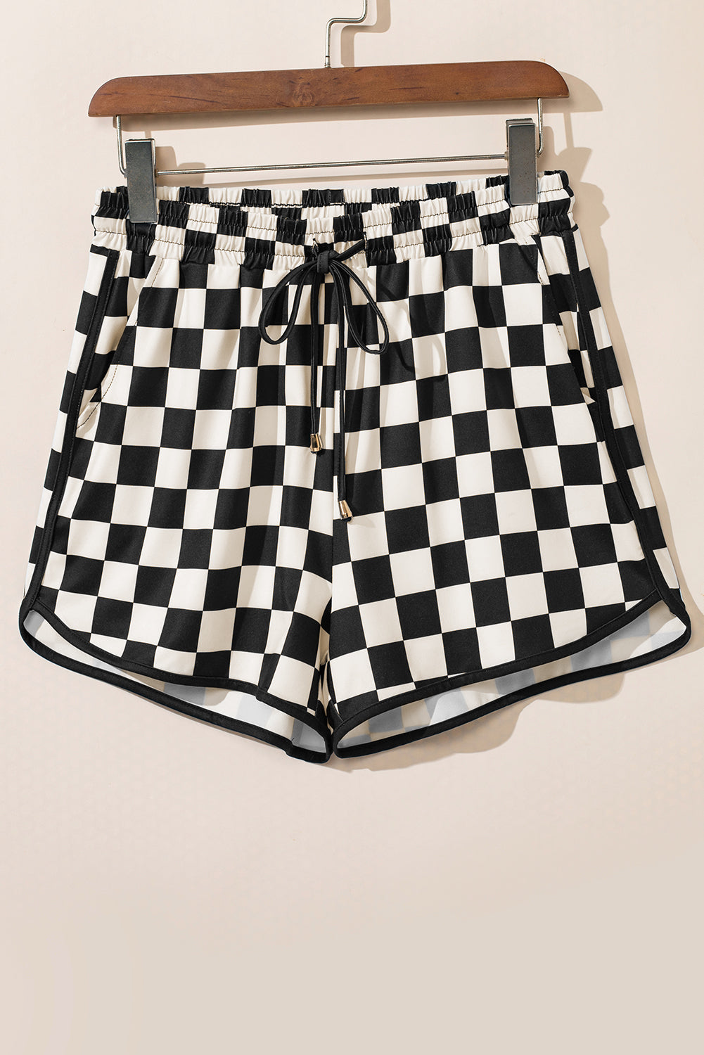 Black Checkered Casual Shorts Drawstring Elastic Waist Women S-2XL