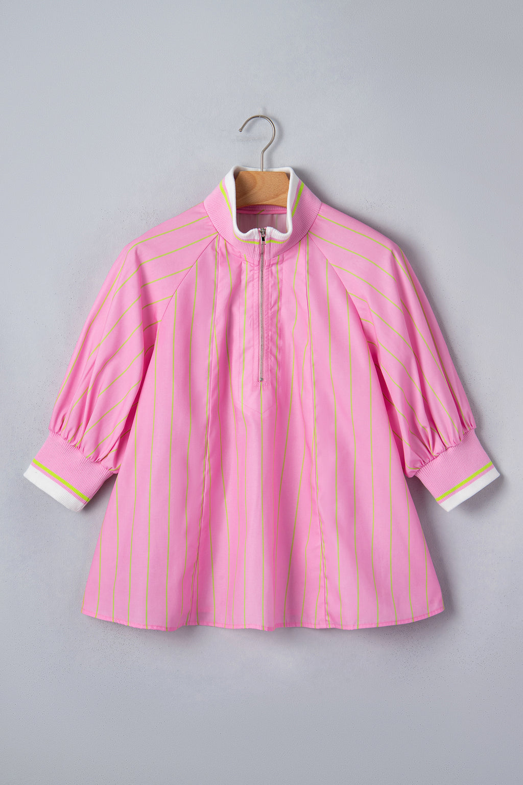 Pink Stripe V-Neck Half Sleeve Zip Ribbed Cuff Casual Blouse