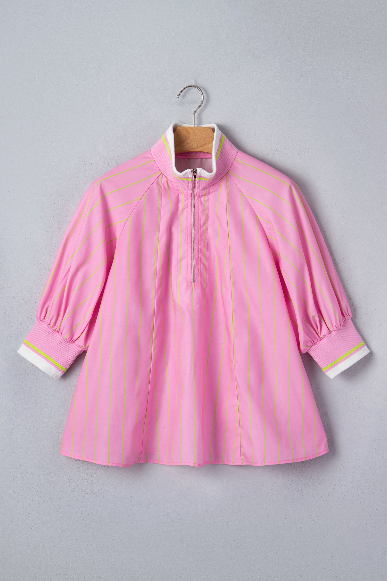 Pink Stripe V-Neck Half Sleeve Zip Ribbed Cuff Casual Blouse