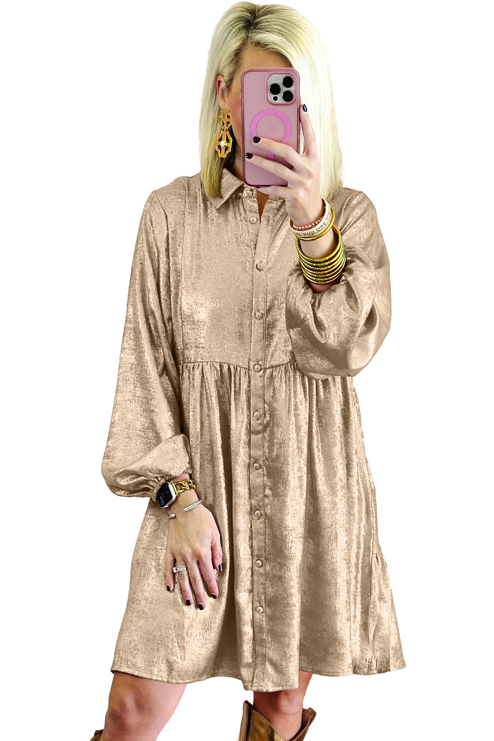 LivelyLooks Beige Metallic Puff Sleeve Button-Up Mini Shirt Dress S-XL women's fashion