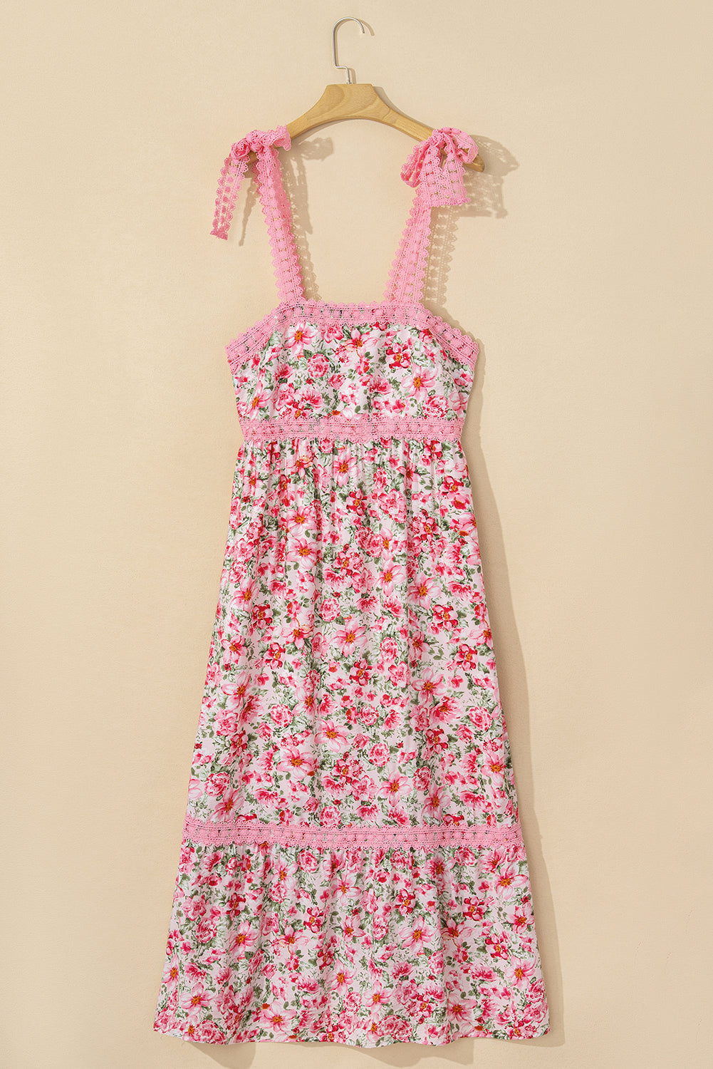 LivelyLooks Floral Lace Tied Strap Empire Waist Maxi Dress Pink & Green women's fashion